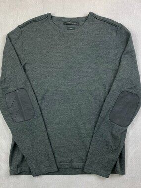 John Varvatos Luxe Men Sweater Medium Gray Crewneck Elbow Patches Merino Wool